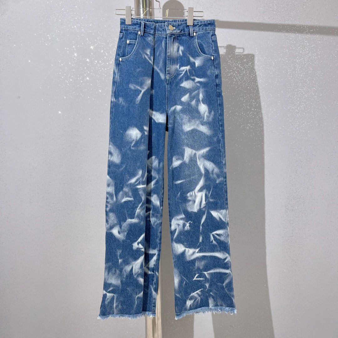 Spring and summer new trendy niche design tie dye feather print low waist with piece wide leg jeans