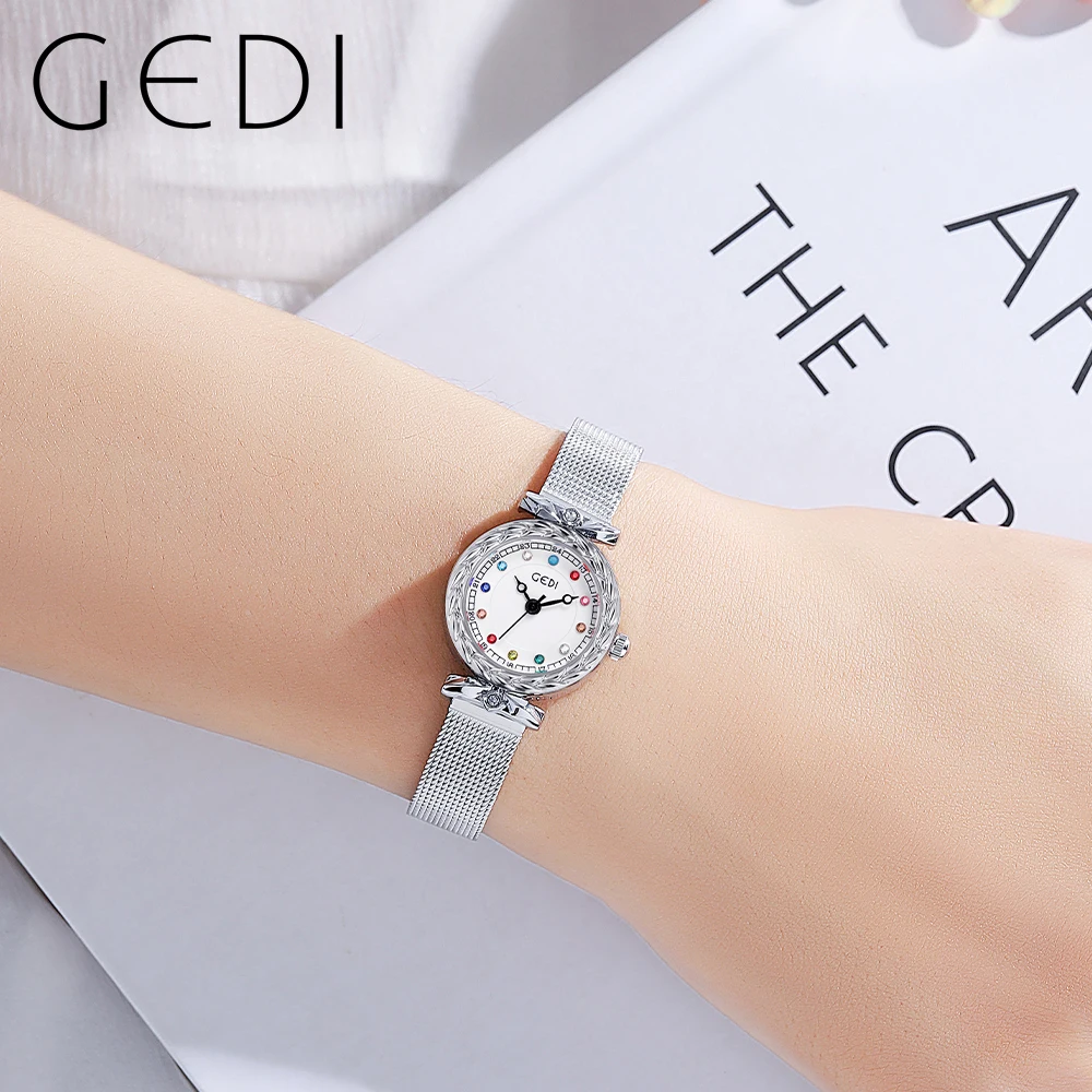 

GEDI Luxury Brand Waterproof Women Watches Color-Diamond Milanese Steel Strap Fashion Quartz Wristwatches White Woman Watch New