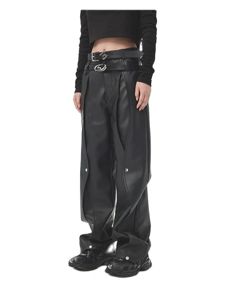 27-46 2023 Dj Men Women's Clothing Hair Stylist Hip Hop Punk Niche Double Layer Leather Pants Plus Size Stage Costumes