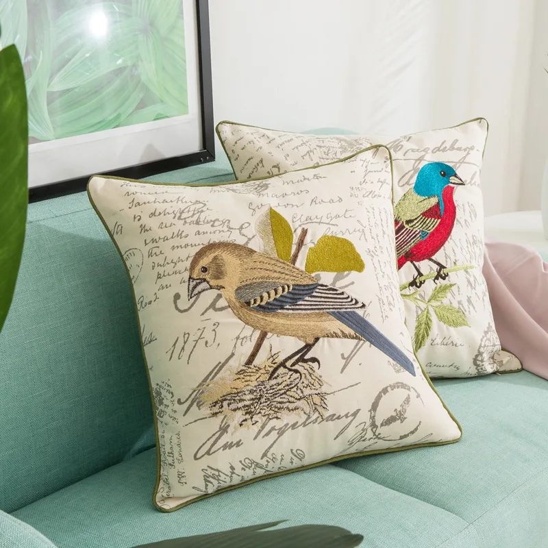 

Наволочка для диванной подушки с вышивкой птиц, хлопковая льняная декоративная наволочка для диванных подушек в фермерском стиле, наволочк...
