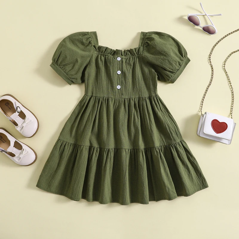 

Kids Clothes Girl’s Dress, Short Sleeve Square Neck Pleated Solid Loose Summer Dress Children's Clothing