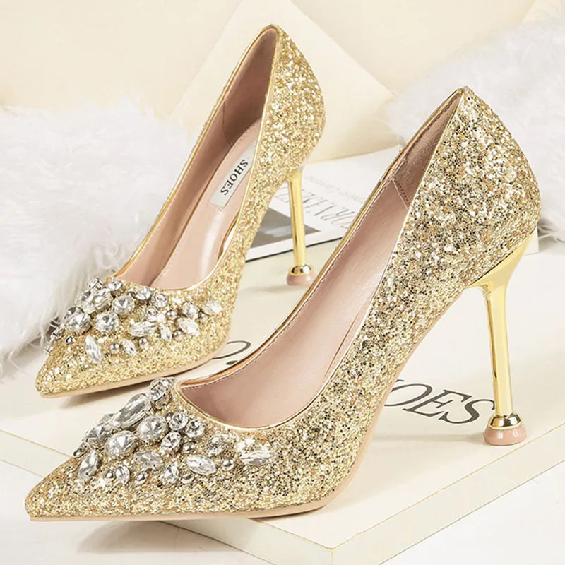 

Women Fetish 9.5cm High Heels Wedding Bridal Crystal Sequins Bling Rhinestone Pumps Lady Scarpins Fetish Glitter Sparkly Shoes