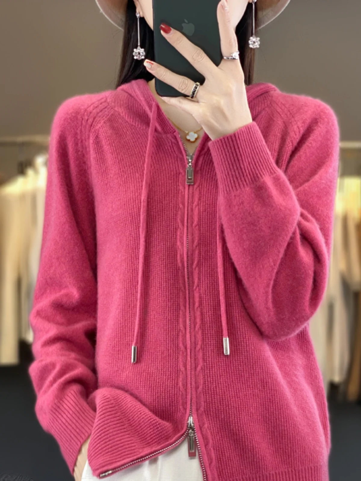 00% чистая шерсть осень и зима 23 новый вязаный свитер на молнии с v-образным вырезом