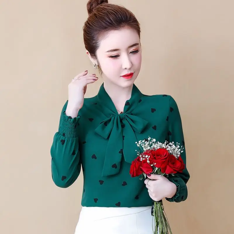 

Блузка женская шифоновая с длинным рукавом, свободная Облегающая рубашка с принтом в Корейском стиле, весна-осень