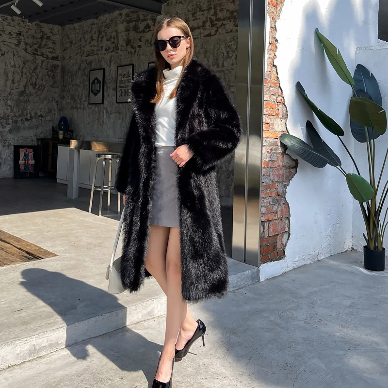 Fur Faux Long Knee-length Solid Womens Coat Winter Warm jacket  for women