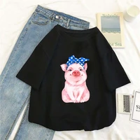 cute leopard bowknot little pink pig print t shirt unisex pure cotton round neck 14 color summer short sleeve daily casual top