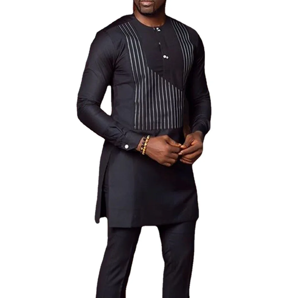 Black Casual Striped Ethnic Style Men's Long Sleeve Shirt