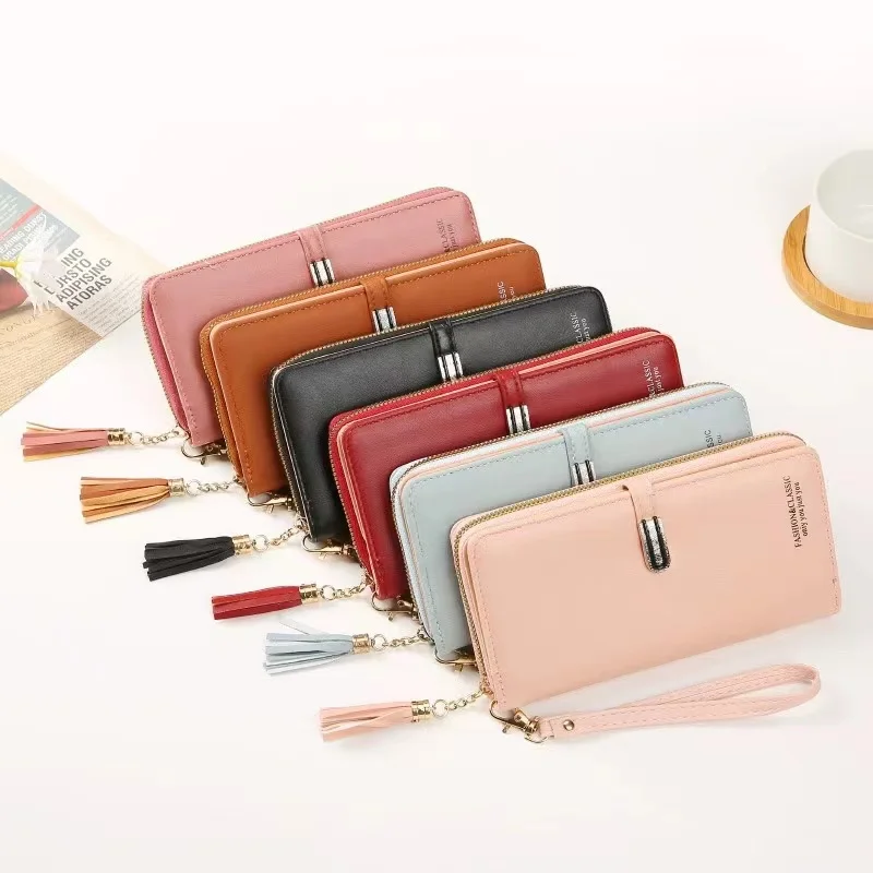 New Date Must Bring Korean Fashion Trend With Tassels Long High-Quality Leather Zipper Multi Card Large Capacity Lady Purse