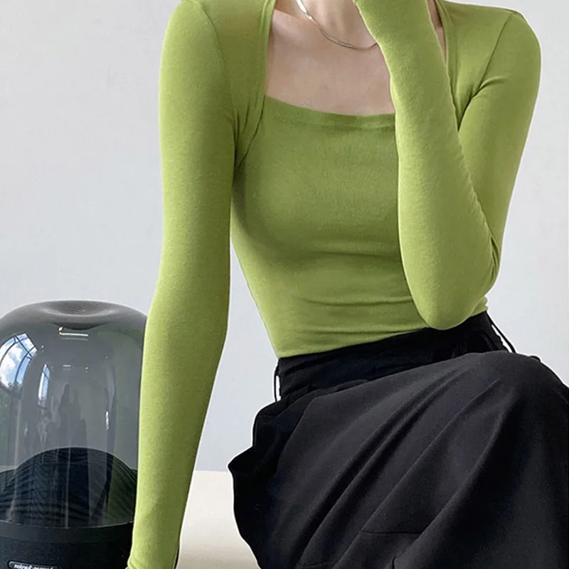 2024 французская нежная футболка с длинным рукавом и квадратным вырезом Женский