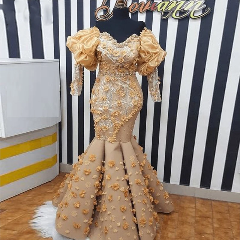 

Gold Long Prom Dresses Lace Appliqued Mermaid Puffy Sleeves Evening Gowns Aso Ebi Style Women Formal Occasion Party Dress Robe