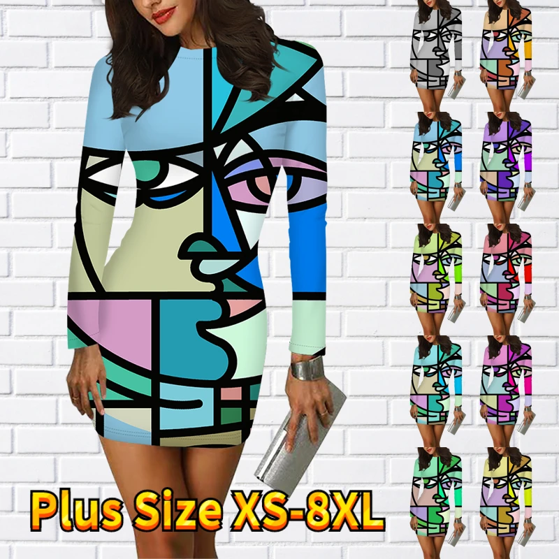 

2023 New Female Round Collar Long Sleeve Skirt Women Daily Abstract Printing Slim Skirt Sheath Autumn Winter Dress Short Skirt