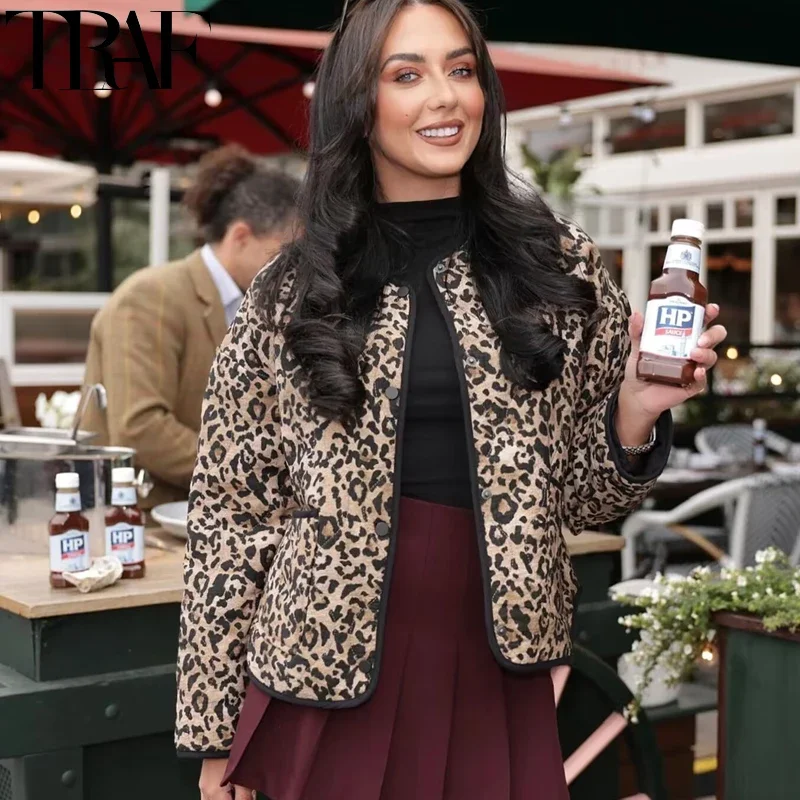 TRAF парки 2024 женская стеганая куртка с леопардовым принтом винтажная короткая