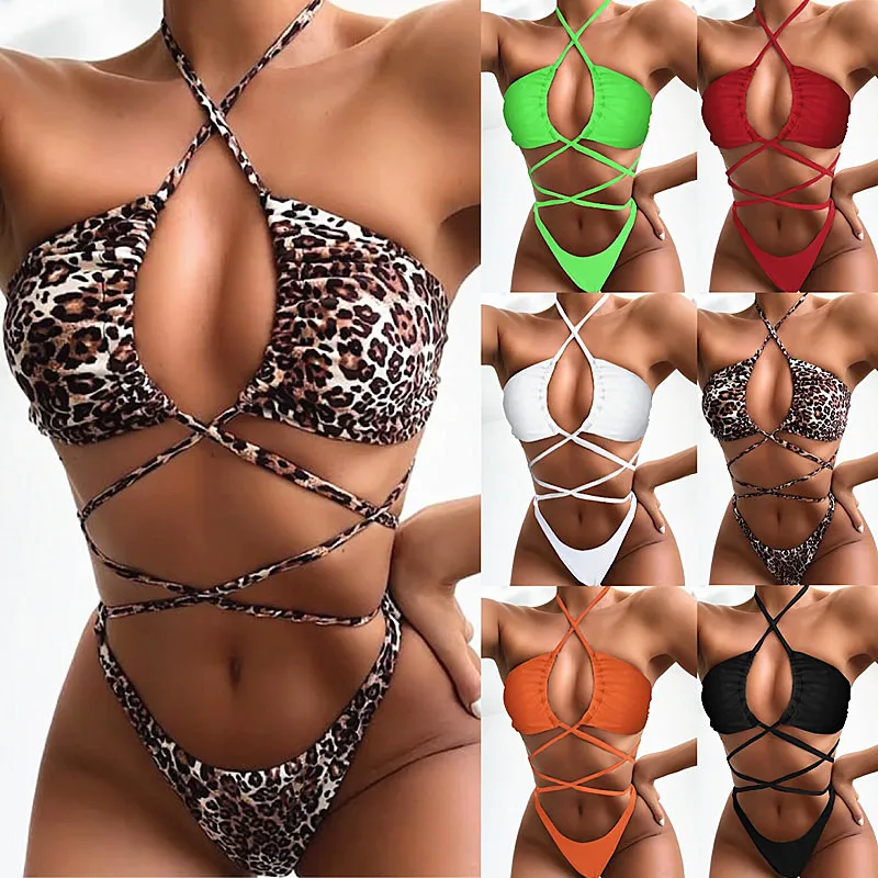 

Summwe Ladies Lace Up One-piece Swimsuit Swimwear Women Halter Push Up Padded Solid Color Monokini Bikinis Beachwear