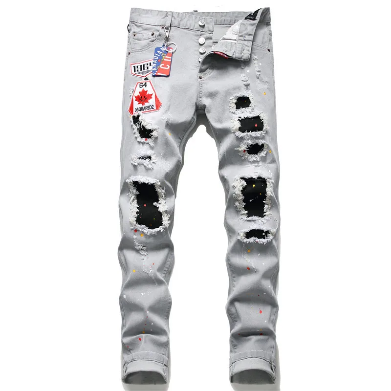 

Dsquared2 Brand Autumm New Mens Jeans Mens Slim Ripped Patch Elasticity D2 Denim Pants Grey Embroidery Skinny Denim Trousers