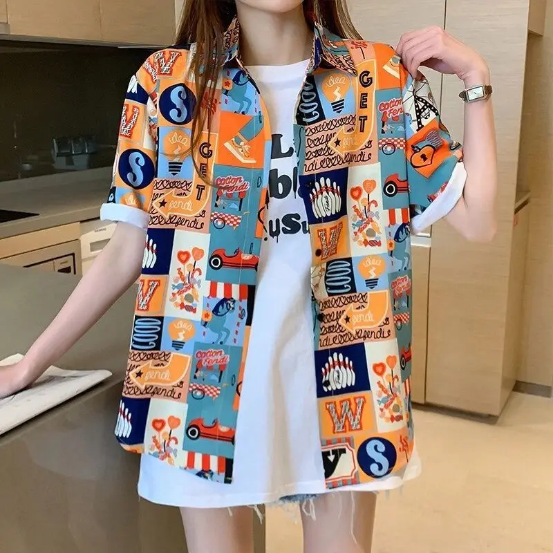 

QWEEK Vintage Women's Blouses Streetwear Oversized Shirts Harajuku Boho Style Short Sleeve Outerwear Button Up Tops Pretty Cheap