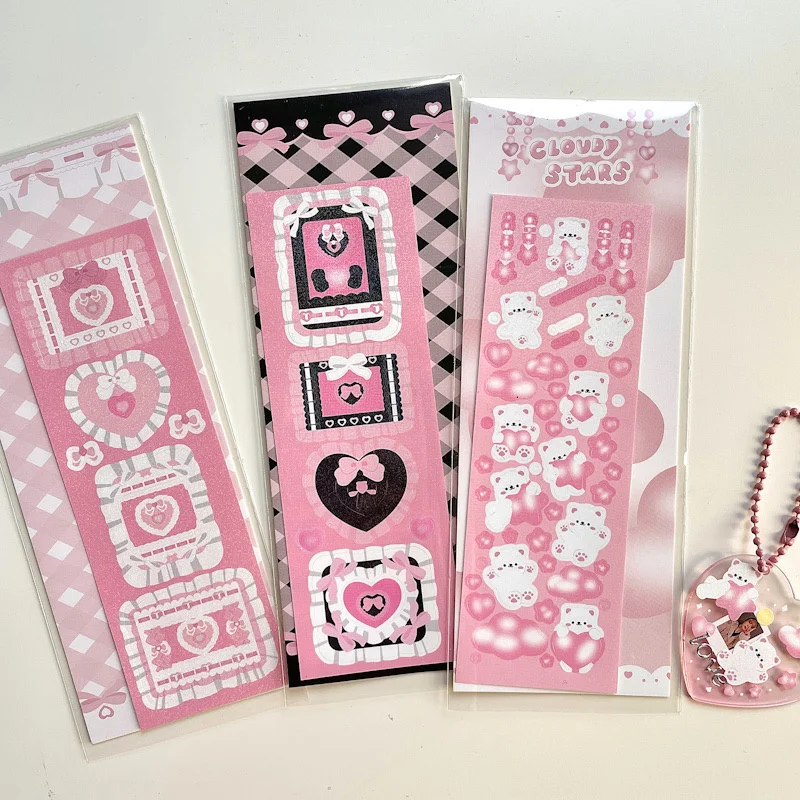 1Pc Korean Pink Heart Border Animal Laser Sticker Flakes Idol Card Deco Scrapbook DIY Material Decoration Stationery Stickers