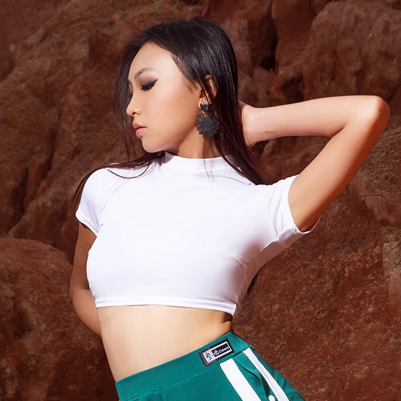

Women Latin Dance Clothes White Stand Collar Cropped Tops Female Adult Chacha Samba Tango Latin Dance Practice Clothes DQS9257