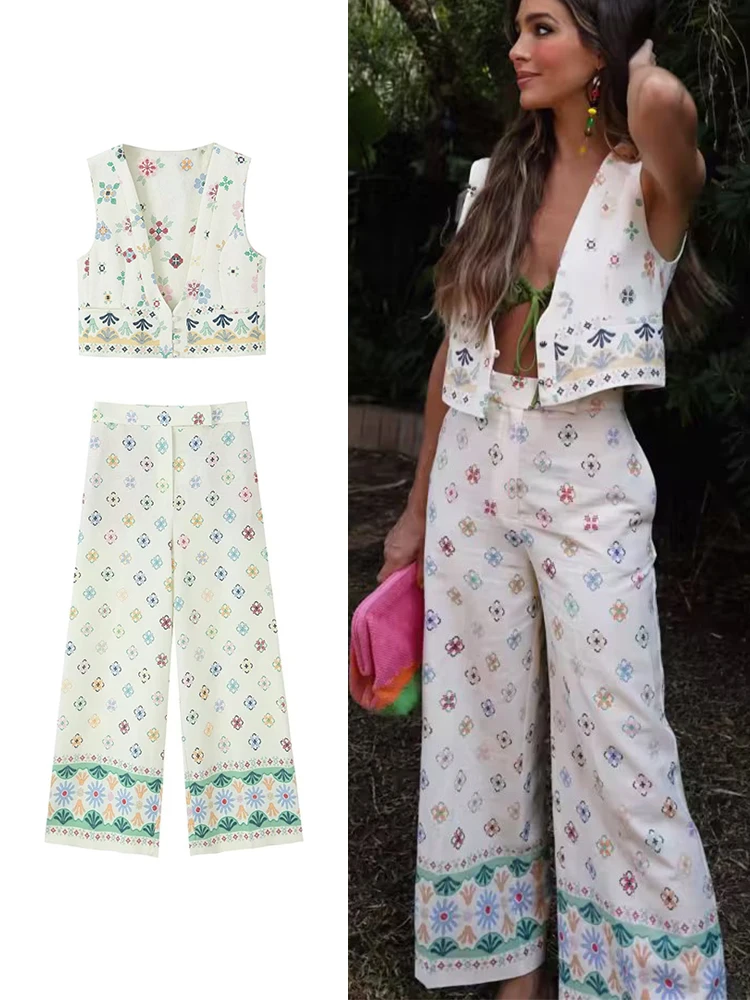 

Women Vintage Printed High Waist Wide Leg Pants Suit Chic V-Necked Mini Vest Set 2023 Summer Lady Holiday High Streetwear