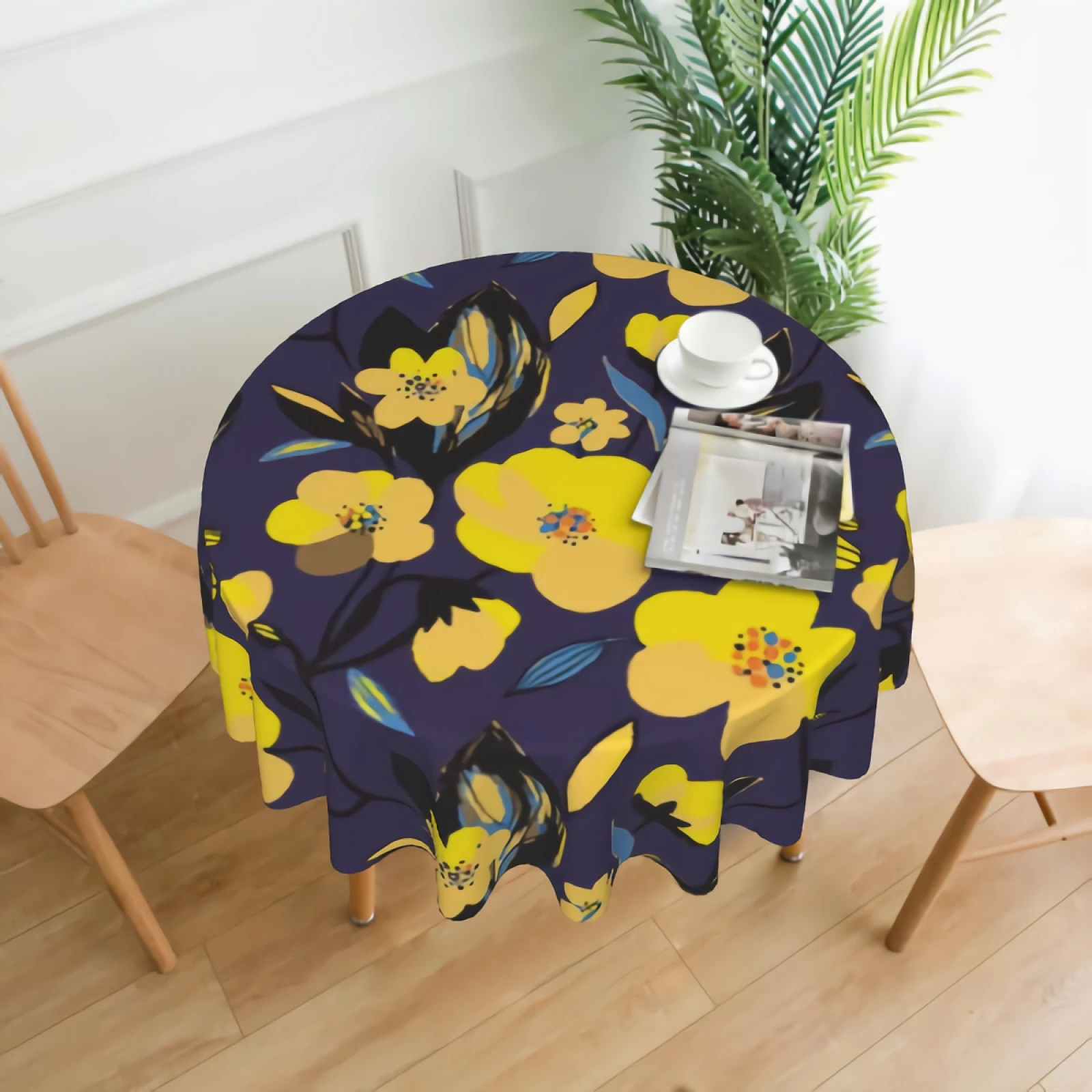 

Abstract Floral On A Dark Purple Background Round Tablecloth Waterproof Watercolor Yellow Flowers Pattern Table Cloth Cover