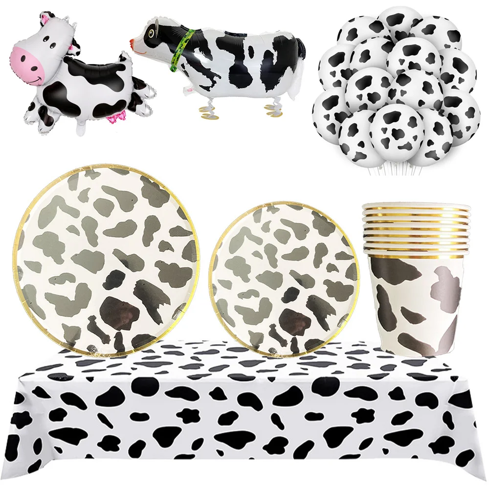 

Cow Print Birthday Party Supplies Gold Edge Paper Plates Cow Animals Foil Balloons for Kids Birthday Party Decoration Supplies
