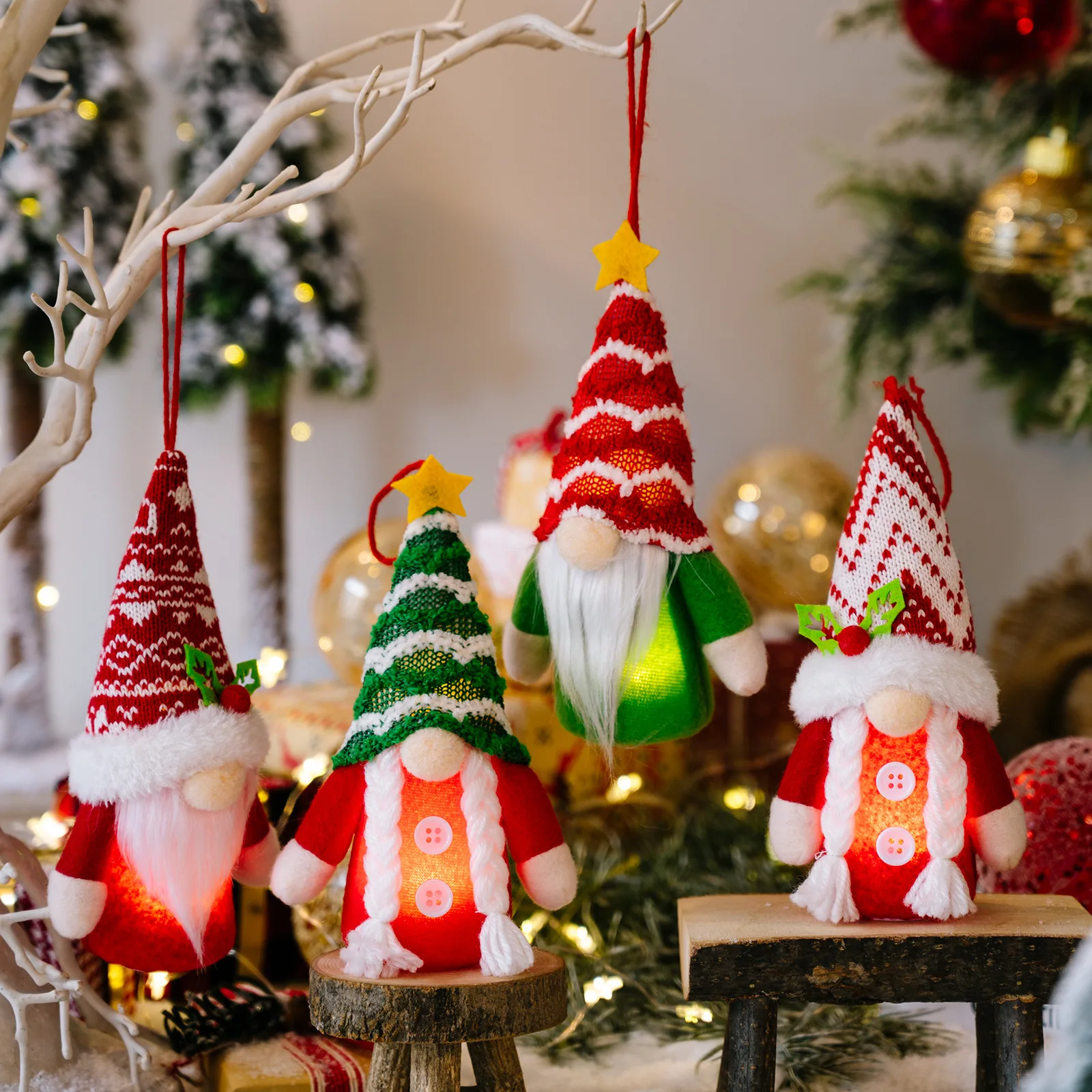 

Украшения для новогодней елки с подсветкой, звезды, полосатая шапка, вязаный небольшой кулон, лес, Старый гном, подвеска, Рождественское украшение