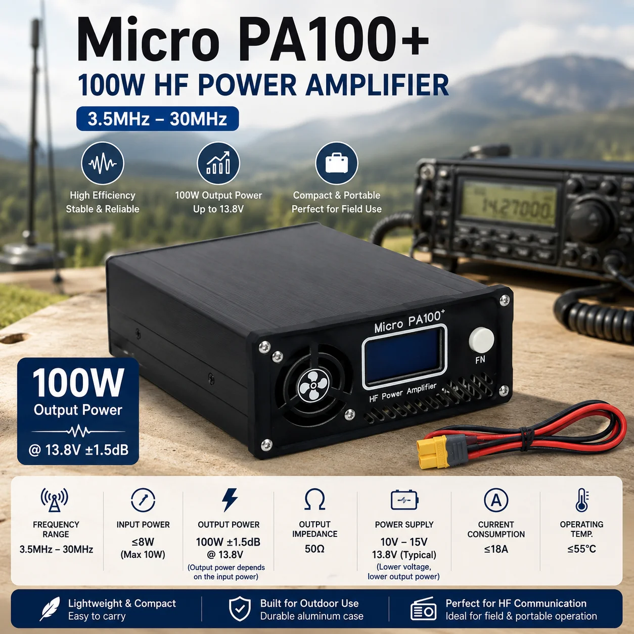 Фото Микроусилитель мощности Micro PA100+ 100 Вт, 3,5–30 МГц, 10–15 В, портативный коротковолновый усилитель для работы на радиолюбительских станциях в полевых условиях. №1