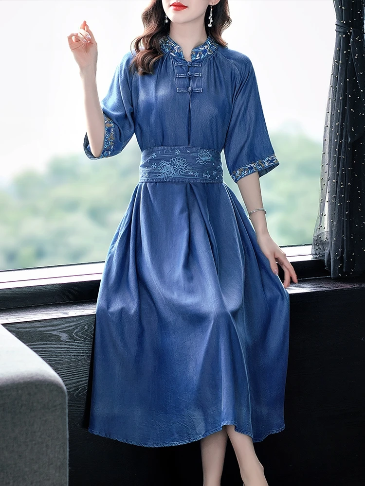 

TIYIHAILEY Free Shipping 2022 New Women Long Mid-Calf Half Sleeve Denim Summer Dresses S-XL Chinese Style Embroidery Tencel