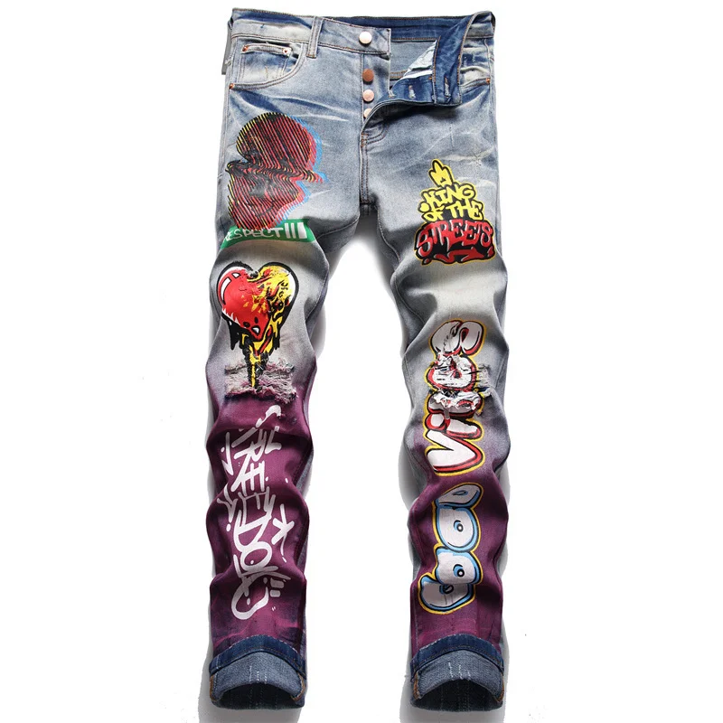 

Hole Men's Ripped High Quality Jeans Casual Skinny Letter Pattern Coloured Drawing Painting Stretch Denim Pants Nightclubs Singe