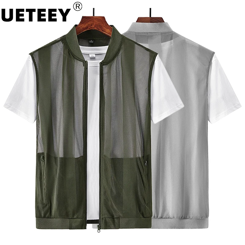 Summer Mens Mesh Fishing Vests Multi-pocket Outdoor Work Big Size Zipper Jacket Men Quick-drying Stripe Skin Clothes Hiking Vest