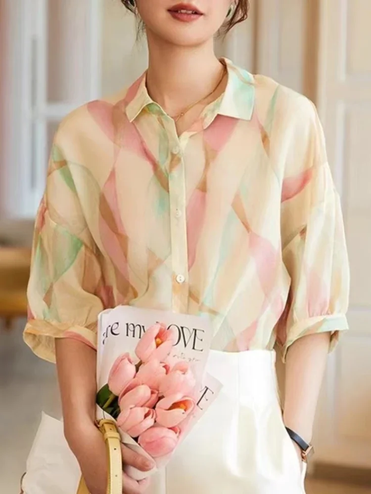 Атласная женская рубашка с принтом винтажные блузки модные свободные летние