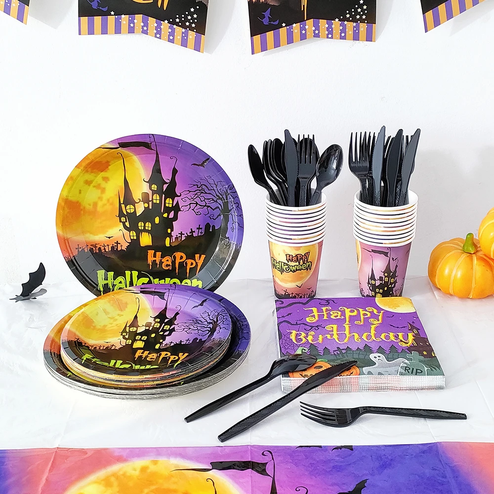 

Happy Halloween Party Disposable Tableware Castle Pattern Purple Paper Plates Napkins Cups Straws Trick or Treat Decorations