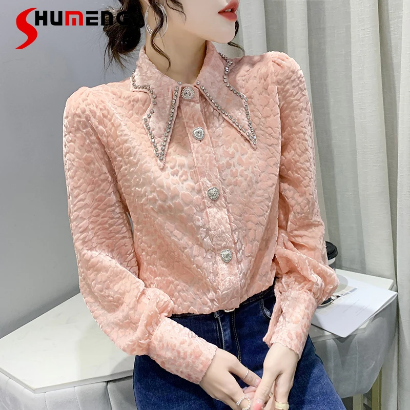 

Sweet Doll Collar Rhinestone Pink Shirt for Women 2022 Spring New Loose All-Matching Puff Sleeve Solid Color Plush Ladies Tops