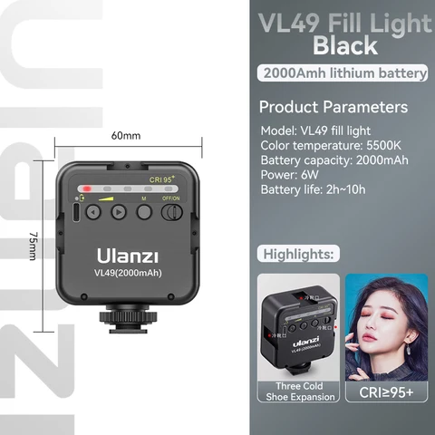 Ulanzi VL49 6W Mini Vlog LED wypełnienie Light White 2000Mah 5500K Oświetlenie Zoom Oświetlenie fotograficzne