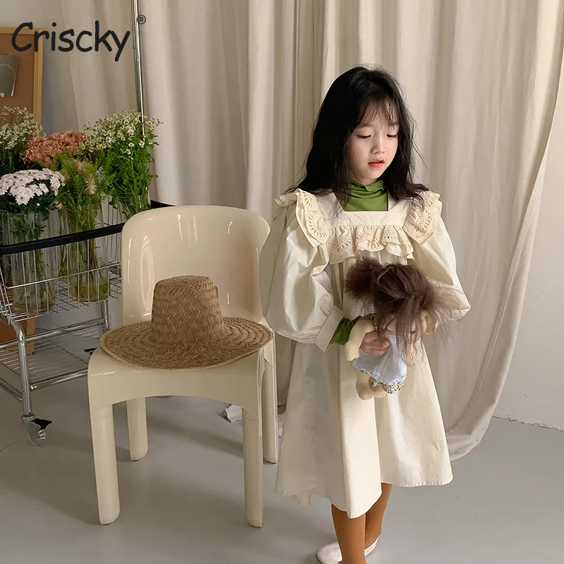 

Criscky 2022 Autumn Baby Girl Dress New Sweet Style Long Sleeve Princess Dress Solid Lace Kid Clothes Korean Dress