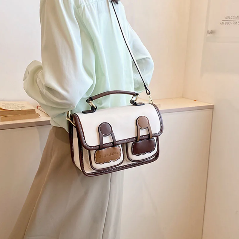 Fashion Retro Handheld Messenger Bags Textured Leather Contrast Shoulder Crossbody Bag Portable Commute Satchel Travel Storage