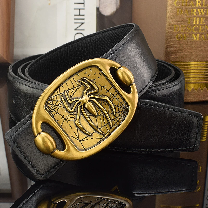 Hot 2023 New Spider Pattern Leather Belt High Quality Men Leather Smooth Buckle Casual Belt Full Grain Leather Ceinture Homme