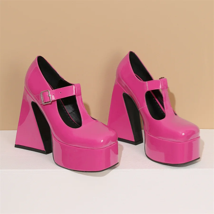 

Leshion of Patent Punk Goth Shoes Women 2023 Chunky Platform Gothic Retro T-Strap Buckle Party High Heel Shoes Dropshopping