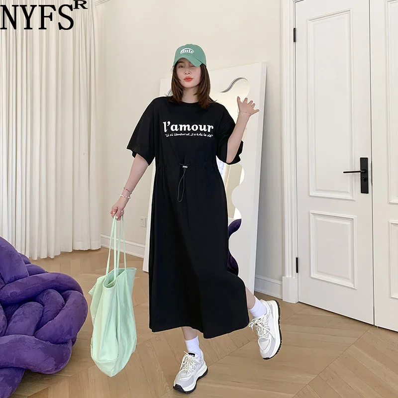 

NYFS 2022 Summer New Korea Woman Dress Vestidos Robe Elbise Loose Letter Print Short Sleeve Long Dresses