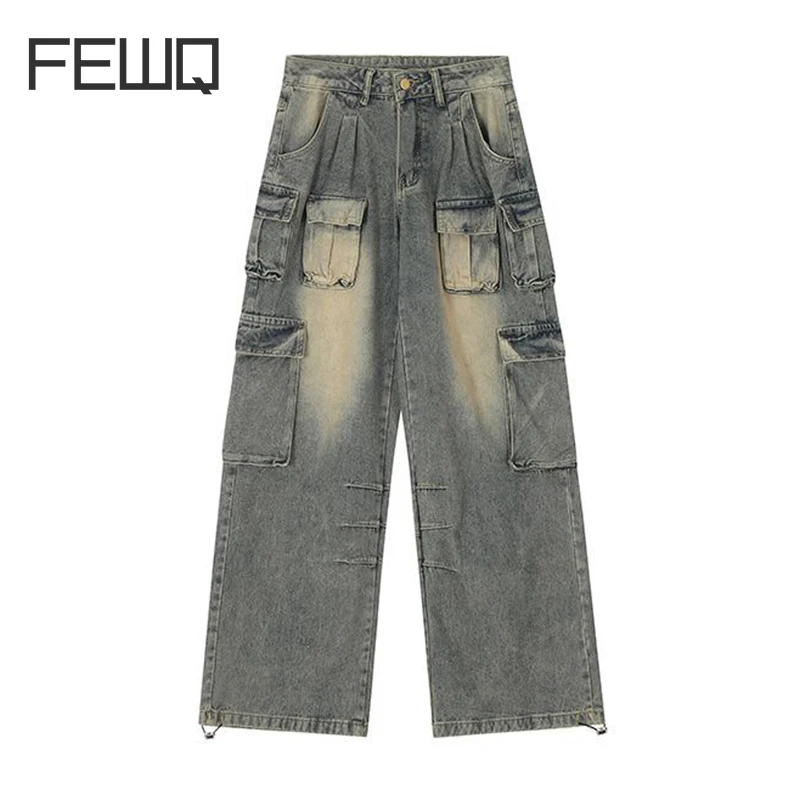 

FEWQ Men's Vintage Jeans Men's Wash Straight Casual 2023 Pockets Wide Leg Male Cargo Trousers Tech Wear High Street 24X1892