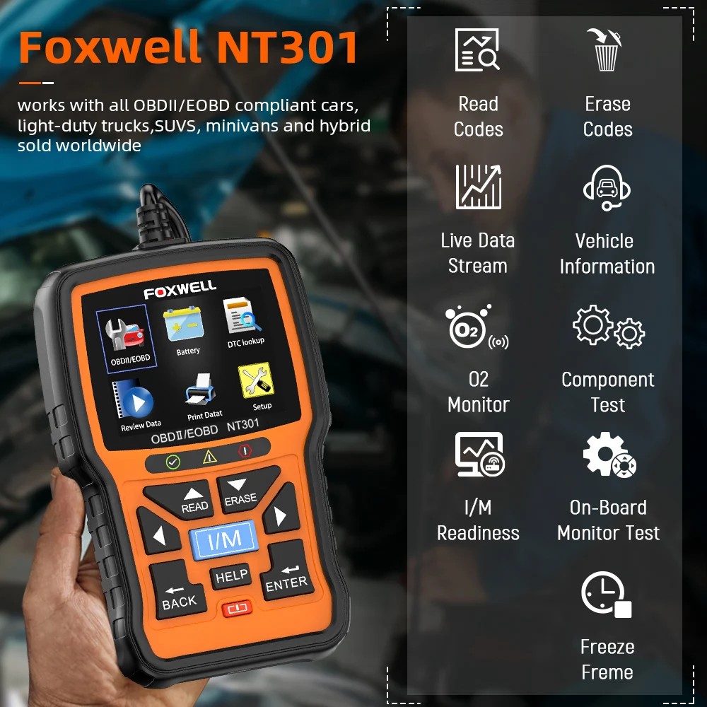 Сканер FOXWELL NT301 OBD2 диагностический прибор считыватель кодов двигателя