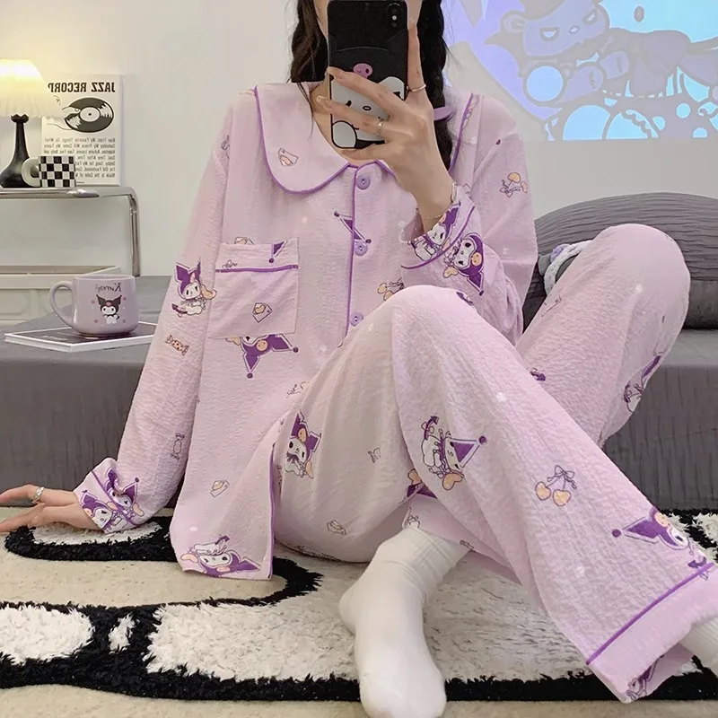 

Sanrio Kuromi Cinnamoroll My Melody Pajamas Set Anime Long Sleeve Cartoon Cardigan Autumn New Home Clothing Outdoor Girl Gift