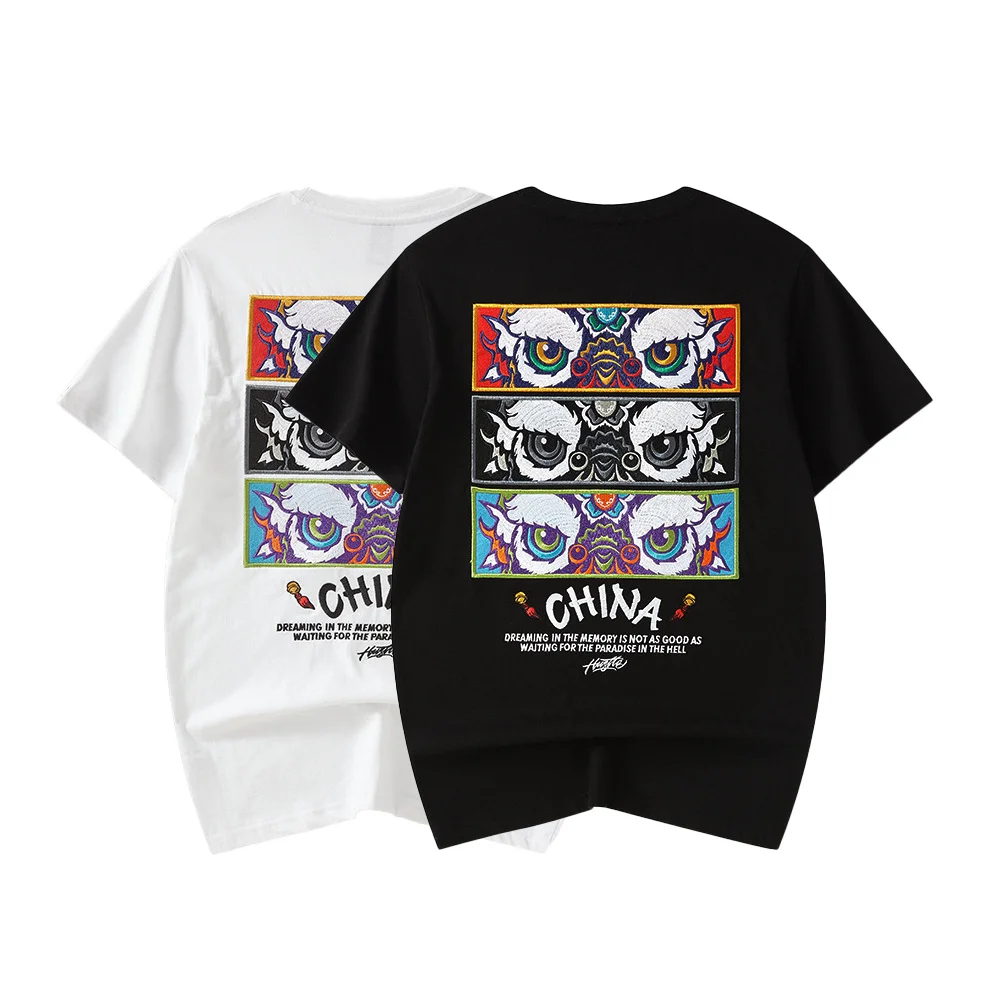 

Новая летняя свободная китайская хлопковая Футболка с вышивкой льва, круглым вырезом и рукавом до локтя