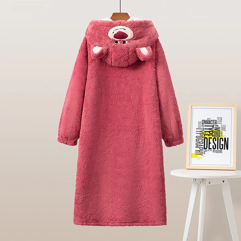 Women's Winter Thin Nightgown Length To Lower Leg Polyester Warm Comfortable Strawberry Bear Leisure Wear With Two Big Pockets