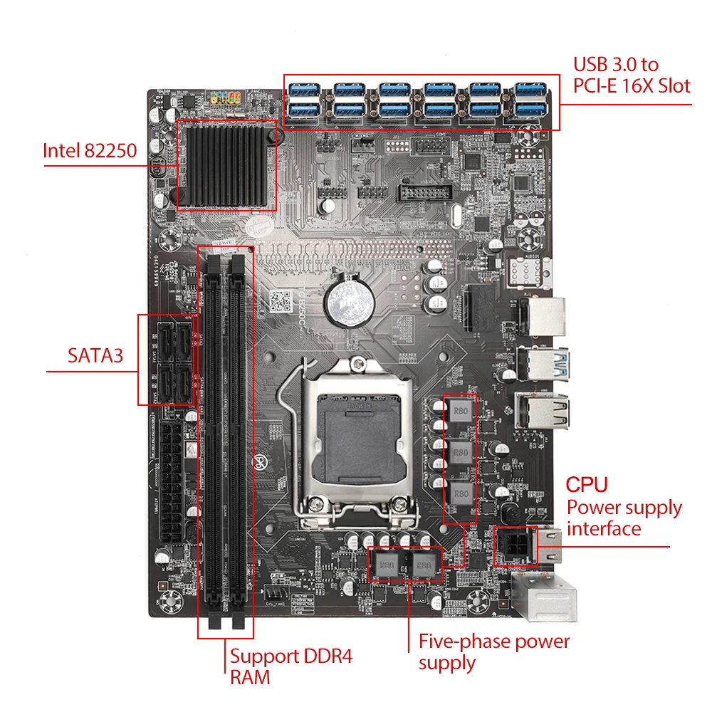 Набор материнской платы для майнинга B250C комбинированный USB3.0 PCIE X16 LGA 1151 DDR4 G3900 CPU
