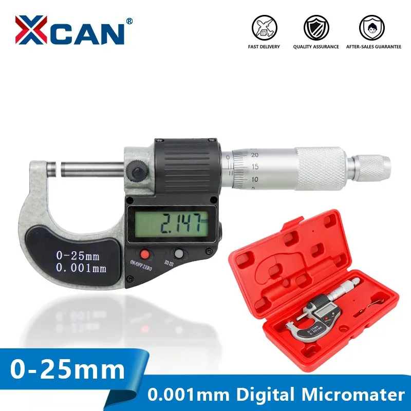 XCAN Electronic Outside Micrometer 0.001mm Digital Micrometer 0-25 mm Caliper Chrome Plated Caliper Gauge Measuring Tools