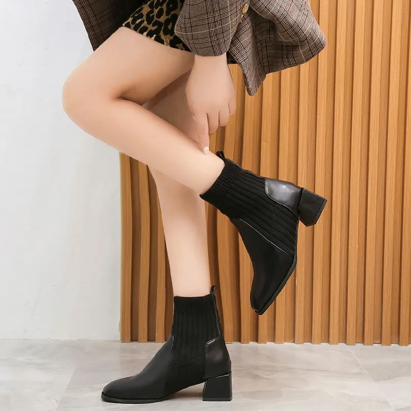 New Short Boots Women Fashion Stitching Knitted Stretch Boots Retro Square Casual Mid Heel Women Shoes Socks Shoes Stretch Boots
