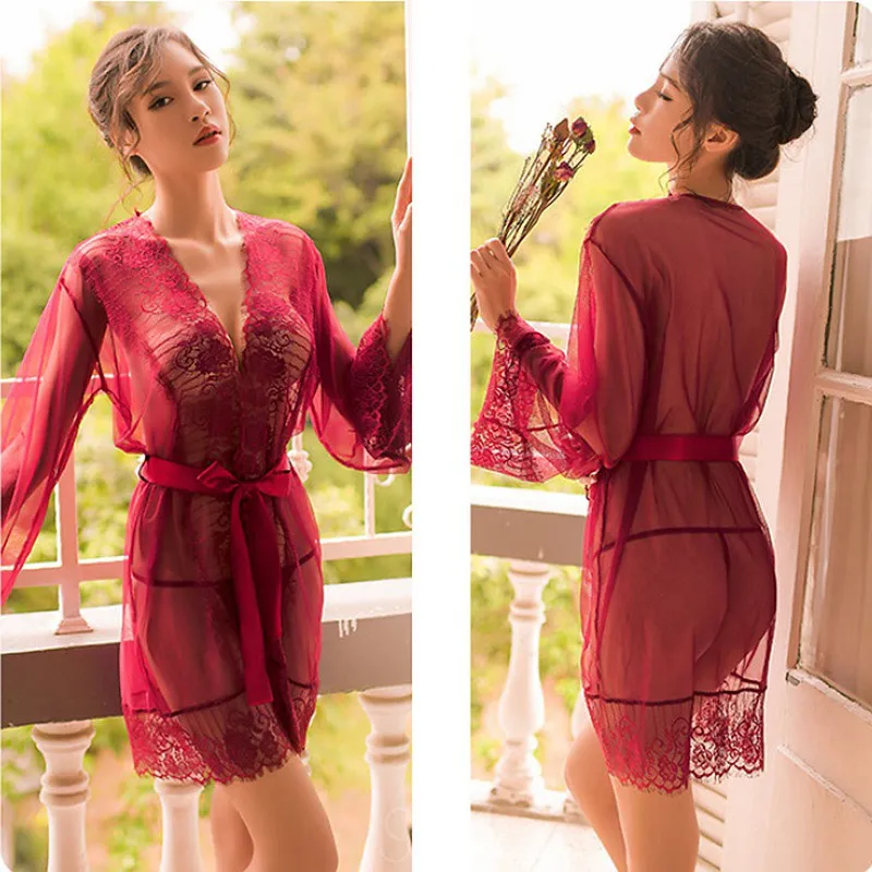 

Lace Bathrobe Sleepwear Sets Women Sexy Nightwear Lingerie Porno Robes See Through Bridesmaid Gift Dropshipping Clothes Femme