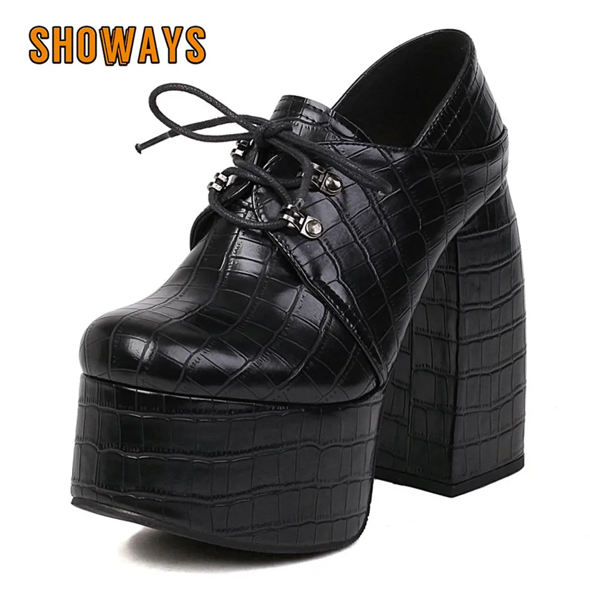 

Trendy Women Platform Pumps Black Crocodile Pattern High Hoof Heels Derbies British Party Club Ladies Lace-up Square Toe Brogues