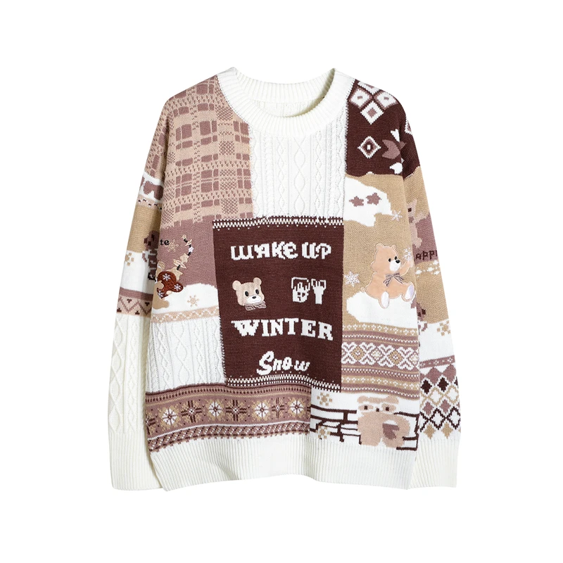 

High Street Contrast Color Letter Patchwork Retro Pullover Sweaters for Men and Women Round Neck Casual Knitted Streetwear Tops