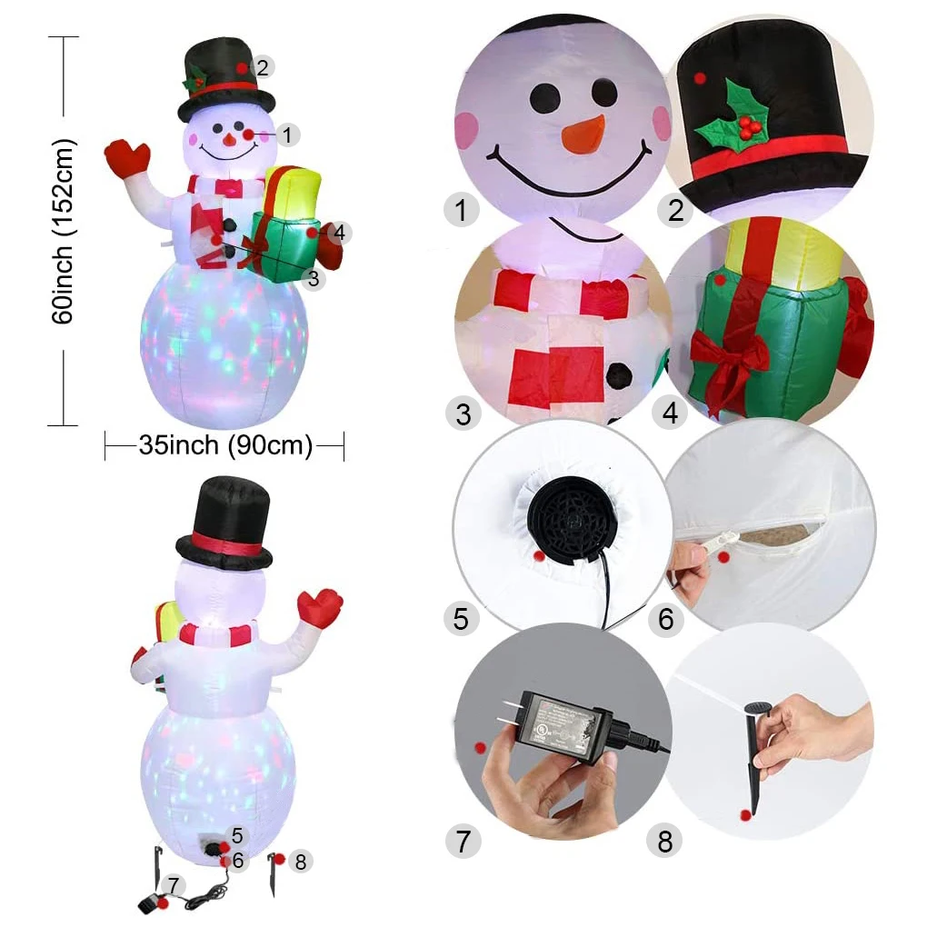 

Inflatable Snowman LED Windproof Decoration Garden Backyard Festival Christmas Ornament with Ground Spikes US Plug